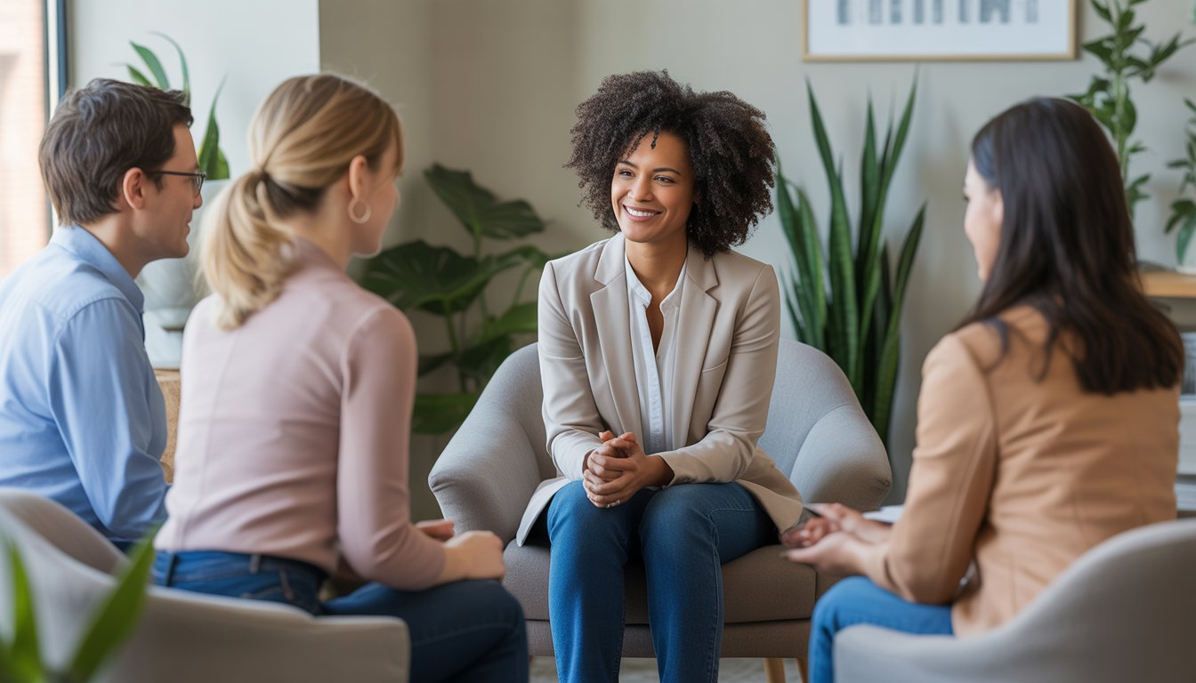 A Black woman therapist warmly engaging with a client in a bright, comfortable therapy office with diverse professionals and a view of Boise outside the window.