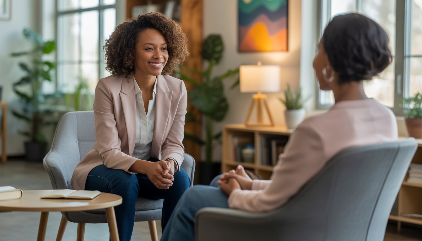 A Black female therapist and a Black woman client sitting and talking in a bright, welcoming therapy office.
