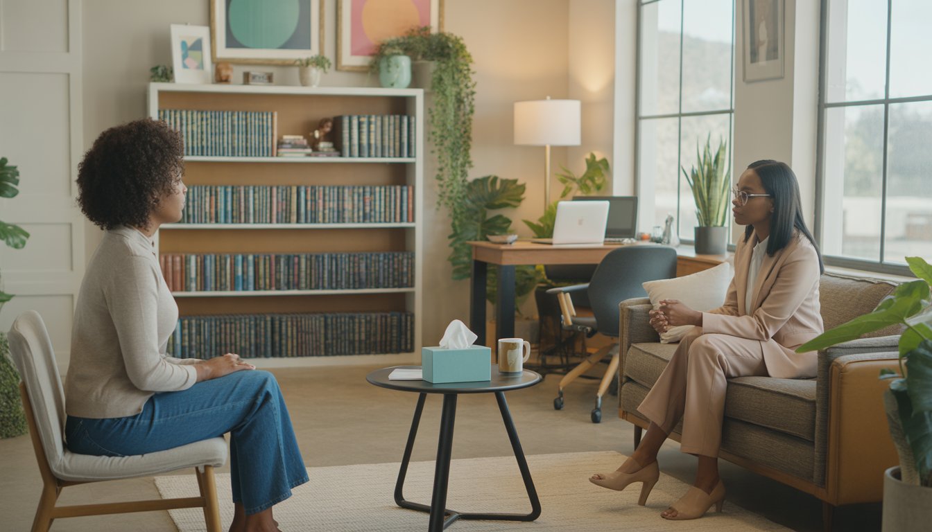 A Black woman therapist attentively listening to a Black woman client in a bright, comfortable therapy office.