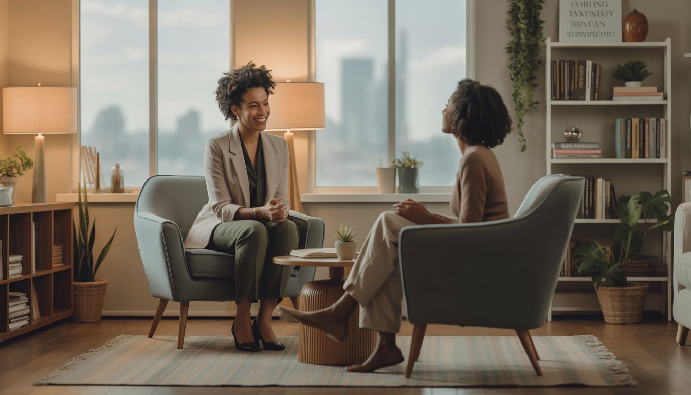A Black female therapist attentively listening to a Black woman client in a bright, cozy therapy office with large windows showing a city view.