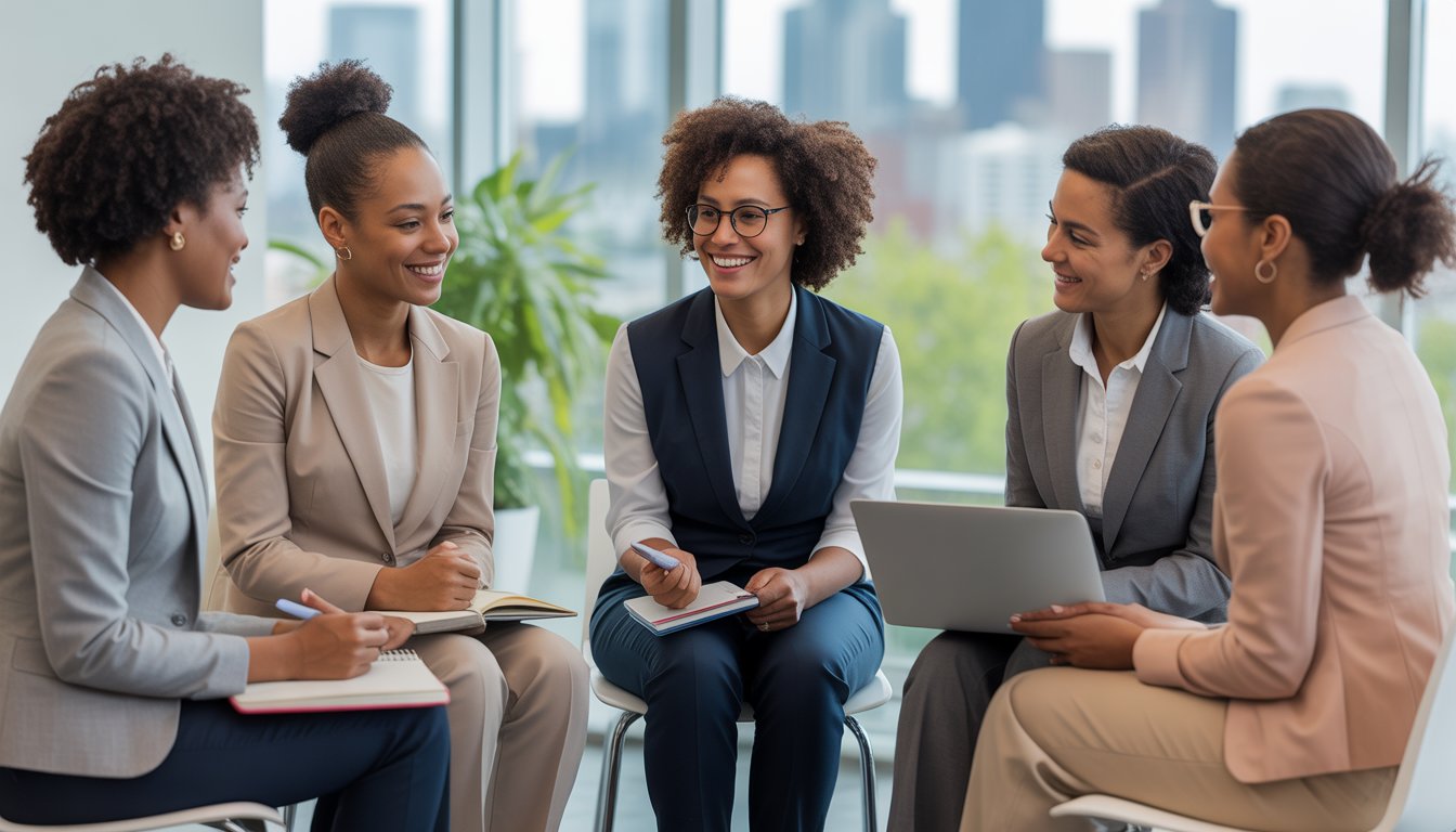 A group of Black women therapists sitting together in a bright office, talking and supporting each other.