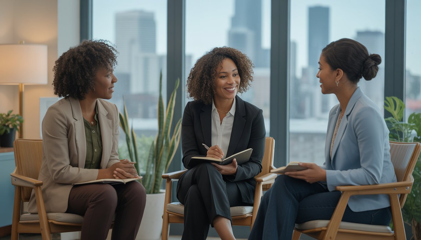 Three Black women mental health counselors in a bright therapy office in Seattle, engaged in a supportive conversation.