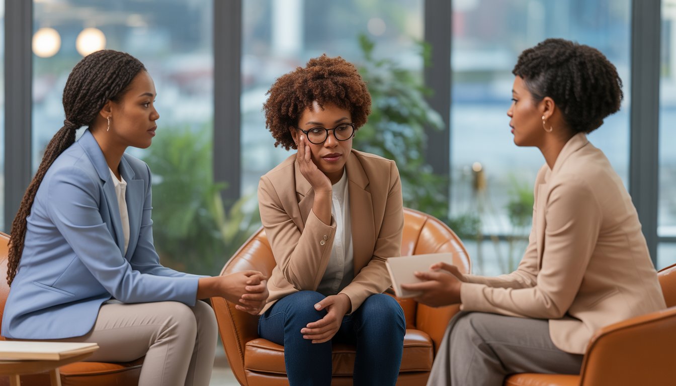 Two African American female therapists talking supportively with a Black woman client in a bright, modern therapy office with a view of Seattle.
