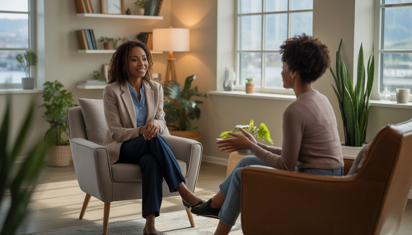 A Black female therapist attentively listening to a Black woman client in a bright therapy office with large windows and indoor plants.