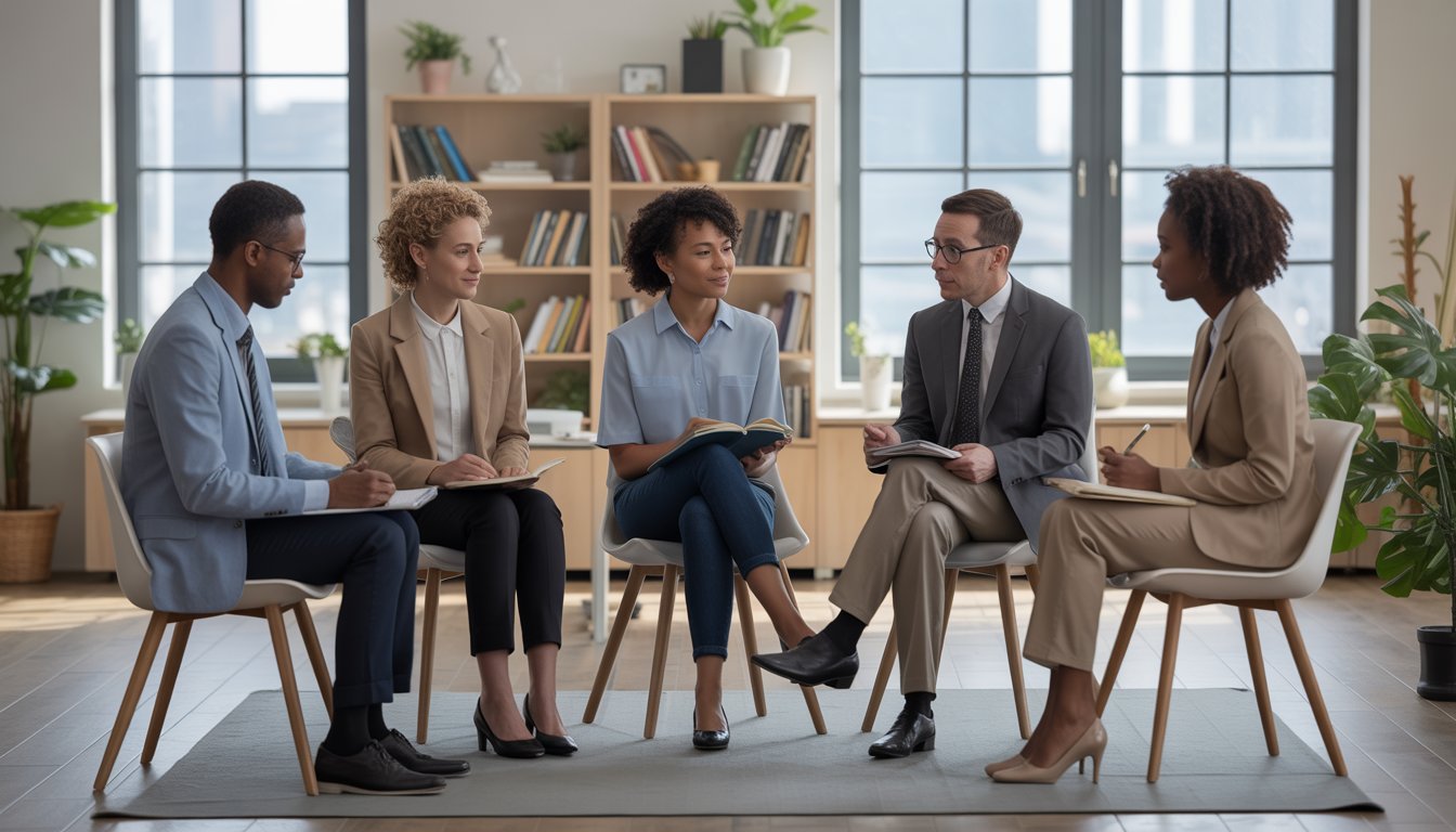 A group of Black mental health professionals and a Black woman client in a bright office having a supportive therapy session.