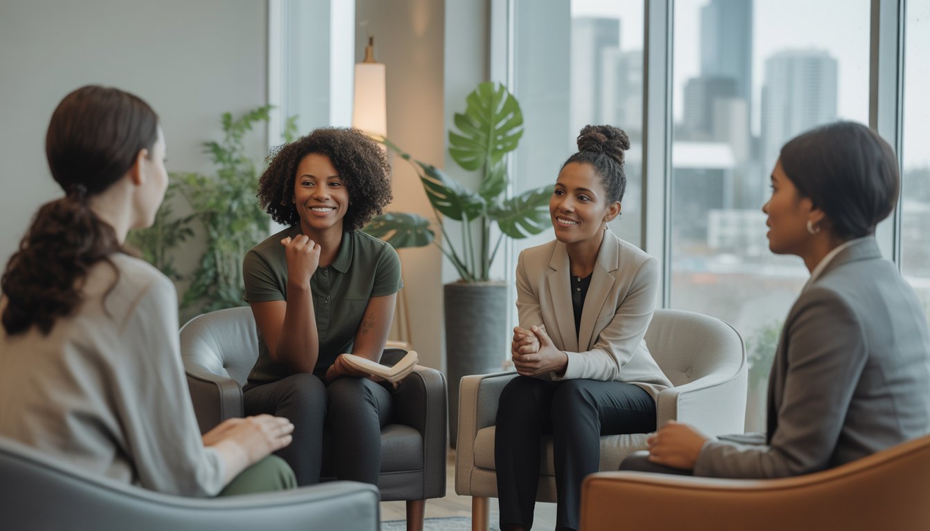 A group of Black women therapists and clients in a bright, comfortable therapy office with large windows showing a city view.