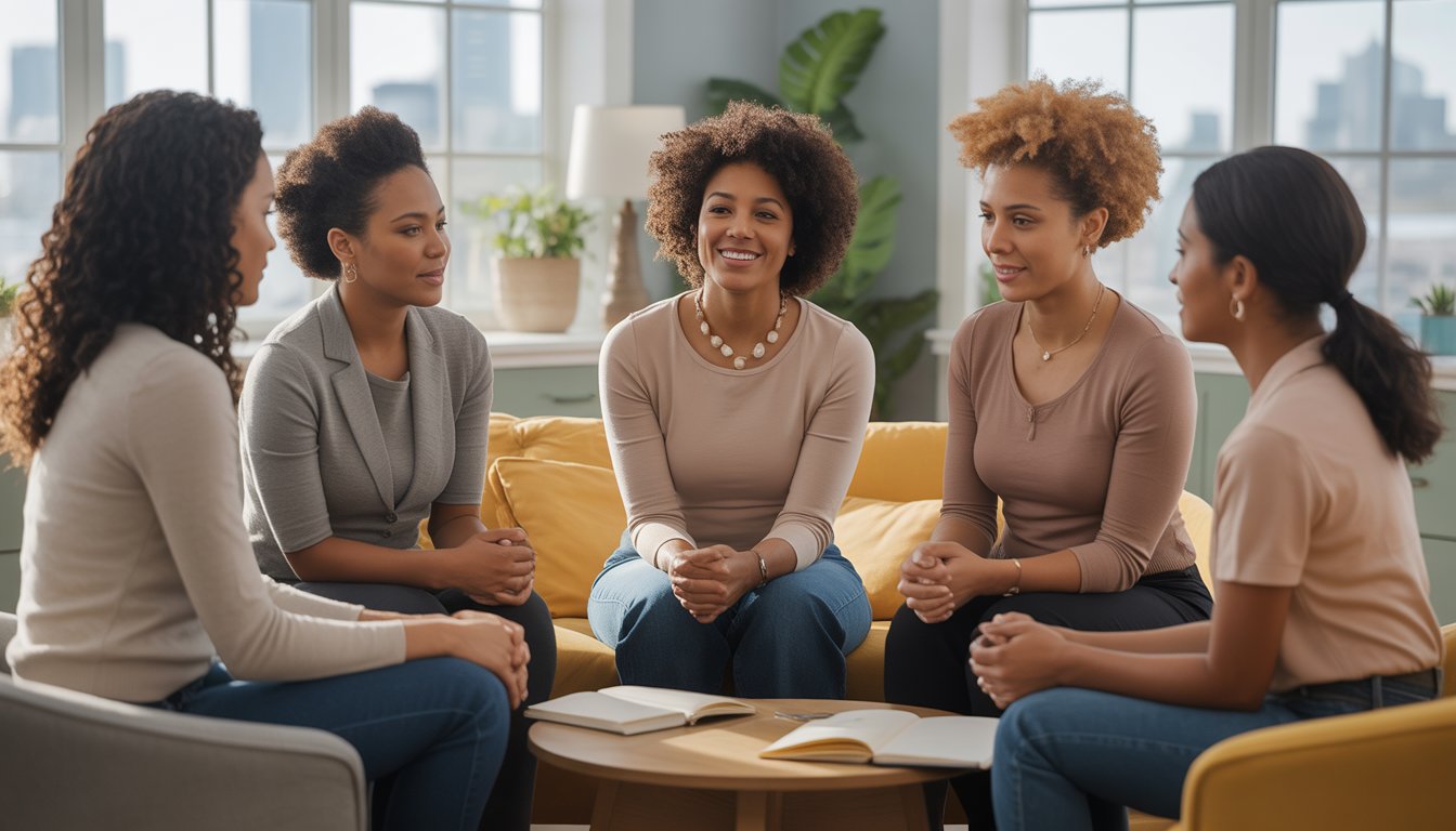 A group of Black women in a counseling office in Seattle, engaged in a supportive therapy session.