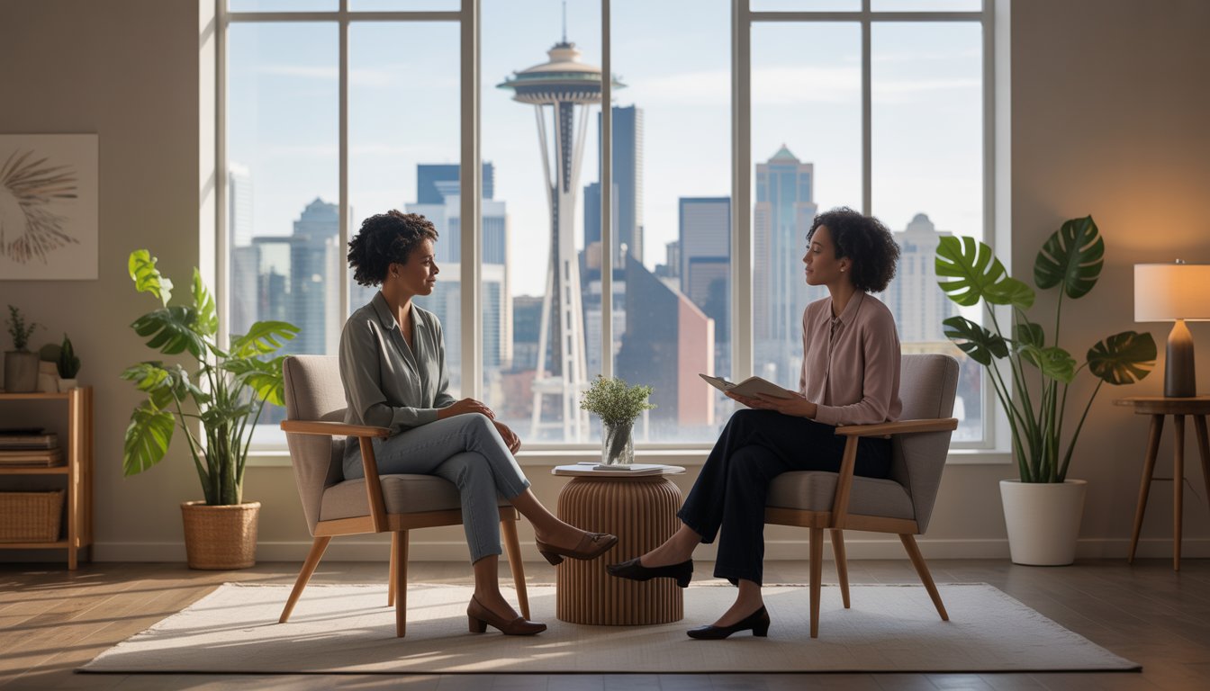 A Black female therapist attentively talking with a Black woman client in a bright therapy office with large windows showing a Seattle cityscape.