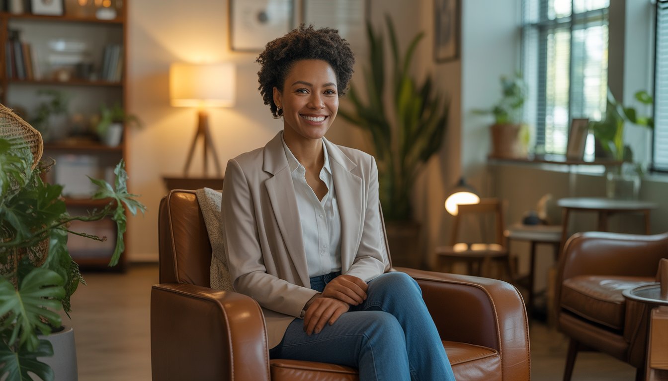 A Black woman therapist sitting in a comfortable office with plants and bookshelves, smiling warmly.