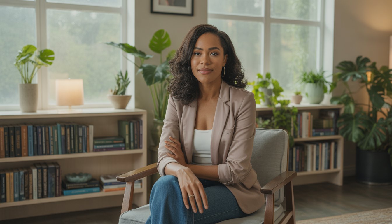 A Black woman therapist sitting in a comfortable office with natural light, plants, and bookshelves, looking calm and approachable.
