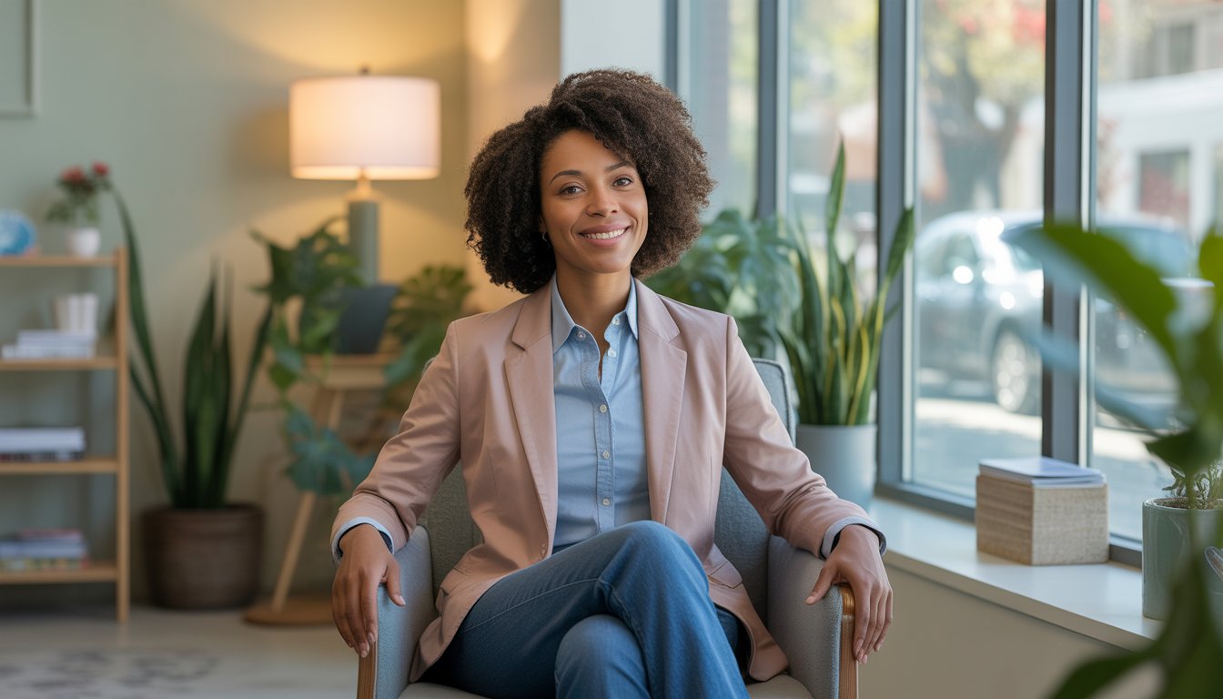 A Black woman therapist sitting in a comfortable office with plants and natural light, smiling warmly.