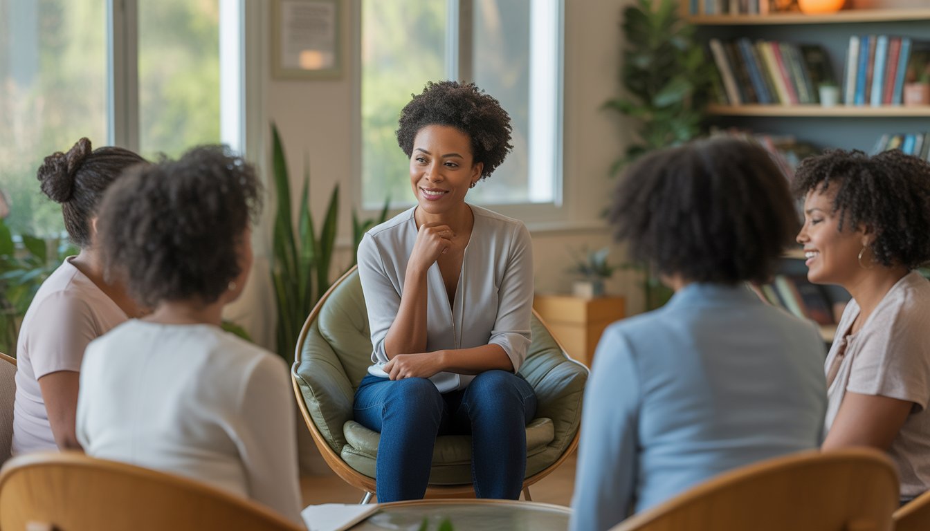 A Black female therapist attentively listening to a group of Black women in a calm and welcoming therapy office.