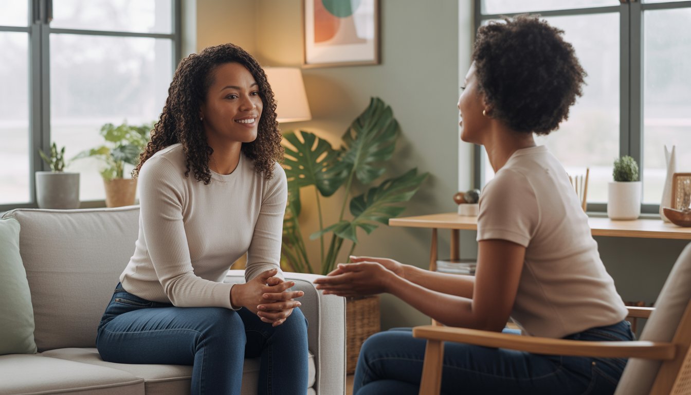 A Black female therapist attentively speaking with a Black woman client in a cozy, sunlit therapy office.