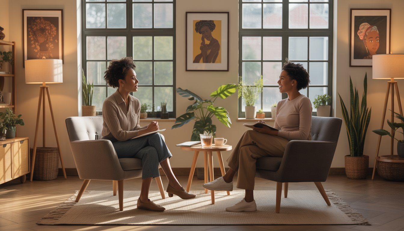 A Black woman therapist attentively listening to a Black woman client in a comfortable counseling office with natural light and plants.