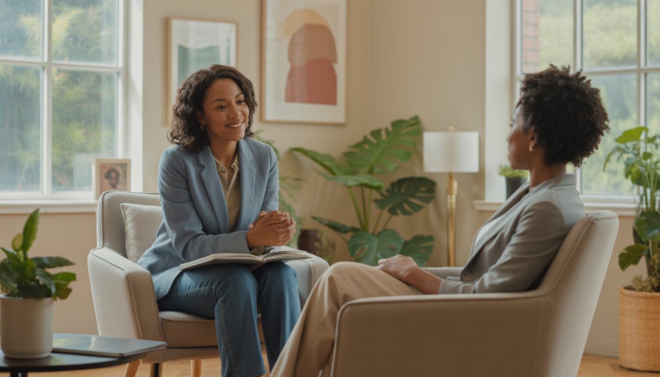 A Black woman therapist attentively listening to a Black woman client in a bright, comfortable therapy office with plants and natural light.