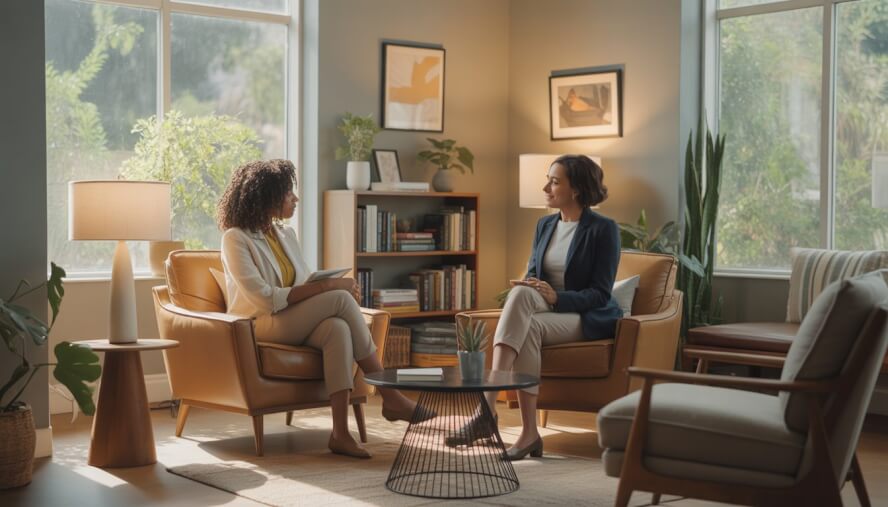 A Black female therapist talking empathetically with a Black woman client in a bright, comfortable therapy room with plants and books.