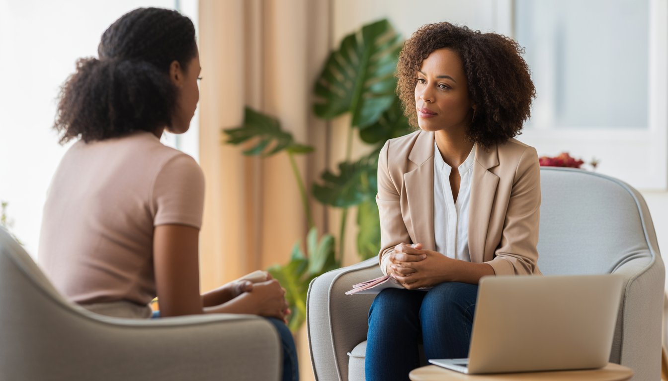 A Black female therapist attentively listening to a Black woman client in a comfortable therapy office with natural light and a laptop in the background.