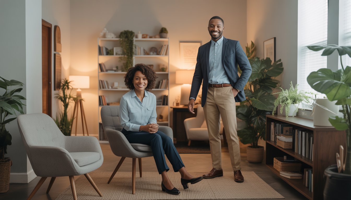 Two Black therapists, a woman and a man, in a warm counseling office with plants and bookshelves.