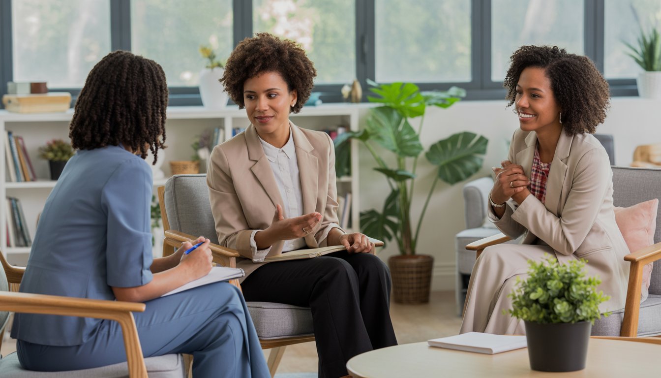 Three Black women in a bright, modern office having a warm and supportive conversation.