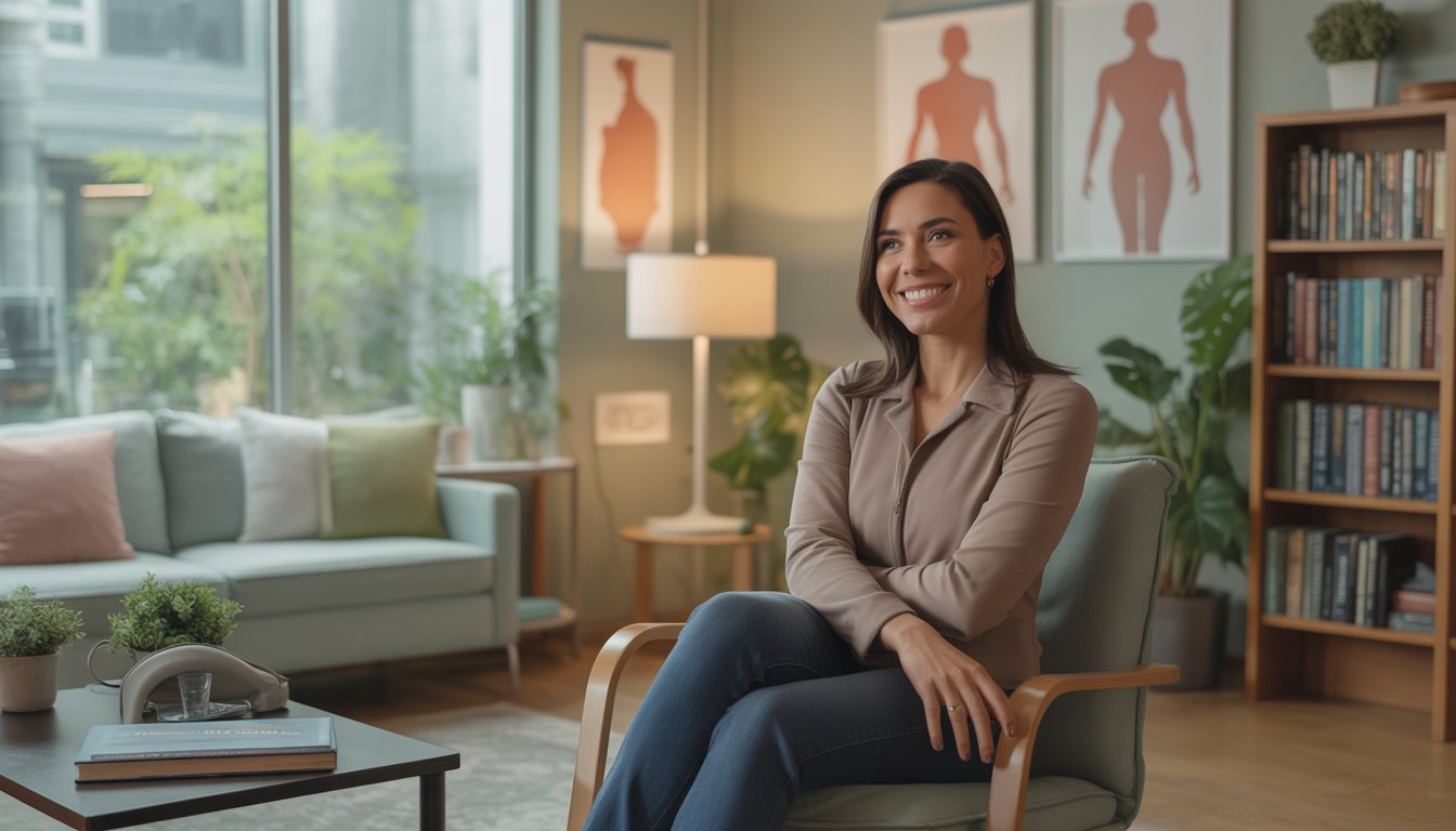 A woman counselor sitting in a bright, comfortable therapy office with plants and bookshelves, smiling warmly.