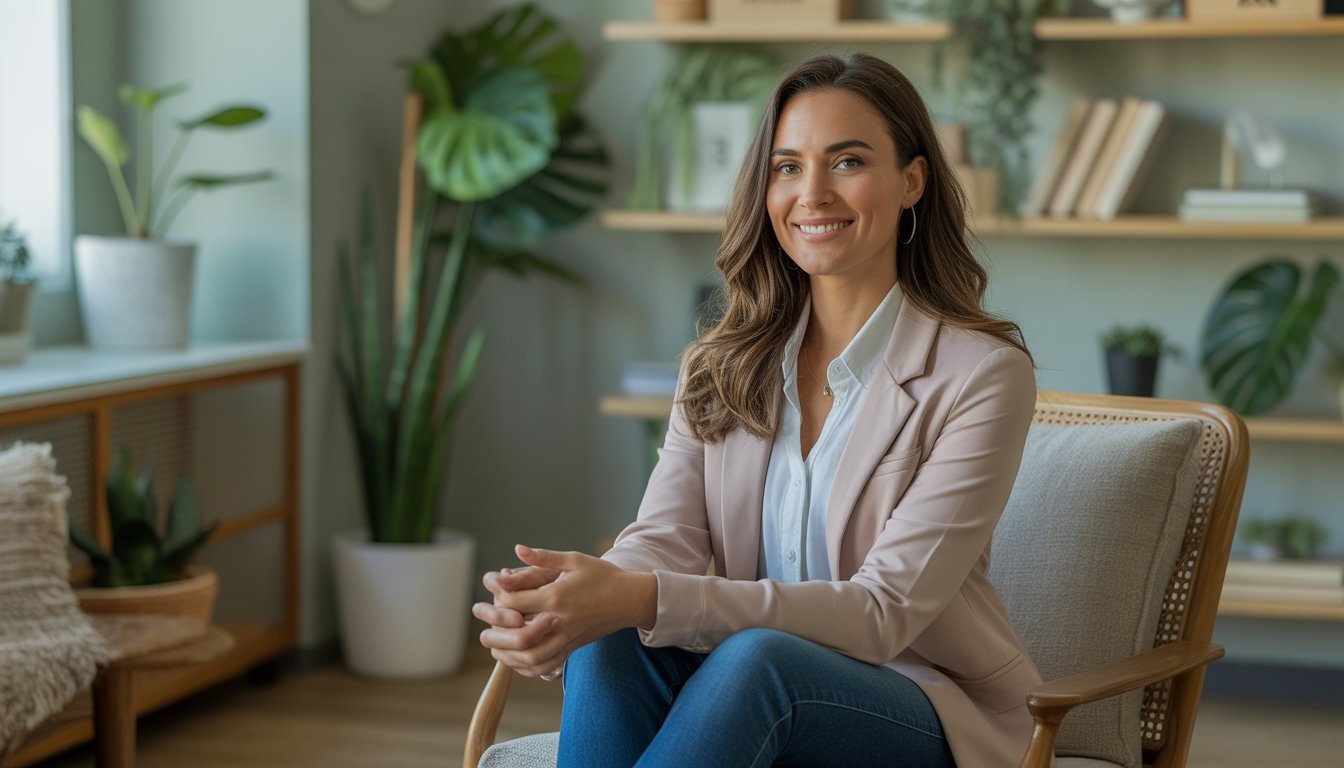 A female therapist sitting in a cozy office with plants and books, smiling warmly.