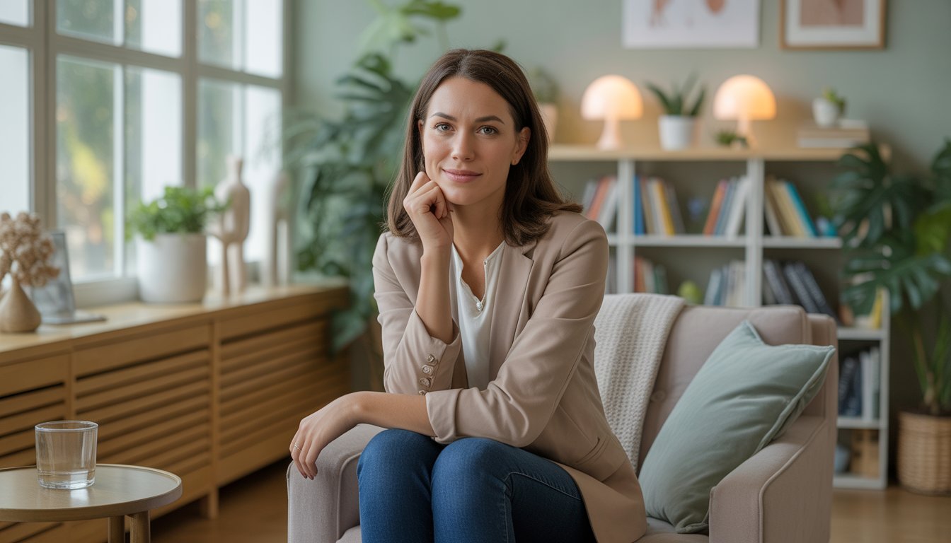 A female therapist sitting in a bright, comfortable counseling office with plants and books, looking calm and approachable.
