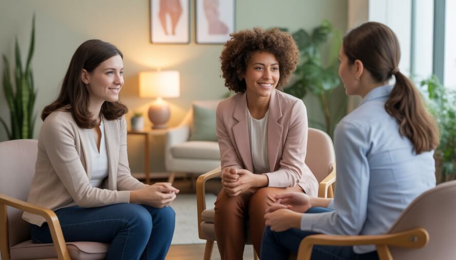 Three therapists and a client having a supportive conversation in a bright, comfortable therapy office.
