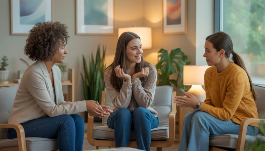 Three therapists and a young adult client having a supportive conversation in a bright, comfortable therapy office.