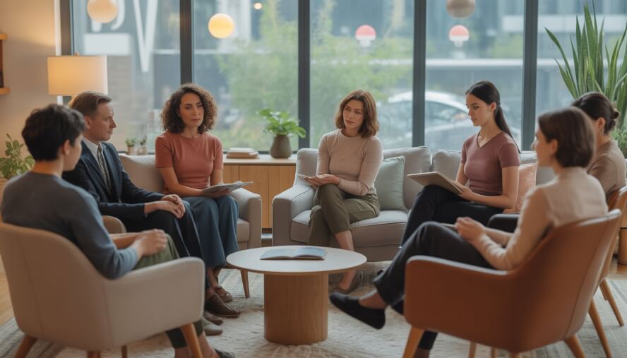 A group of therapists and clients in a comfortable therapy room with large windows showing a city view, engaged in a supportive conversation.