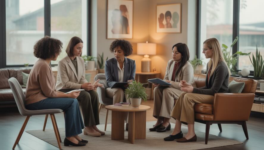 A group of therapists in a bright, comfortable counseling office having a supportive discussion.