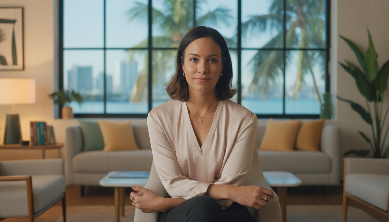 A female therapist sitting in a bright, modern office with large windows showing palm trees outside.