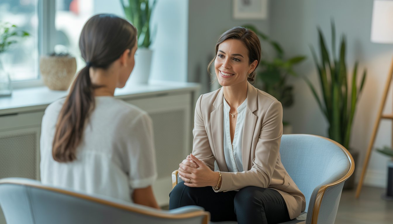 A female therapist sitting in a modern office, smiling warmly and engaged in conversation.