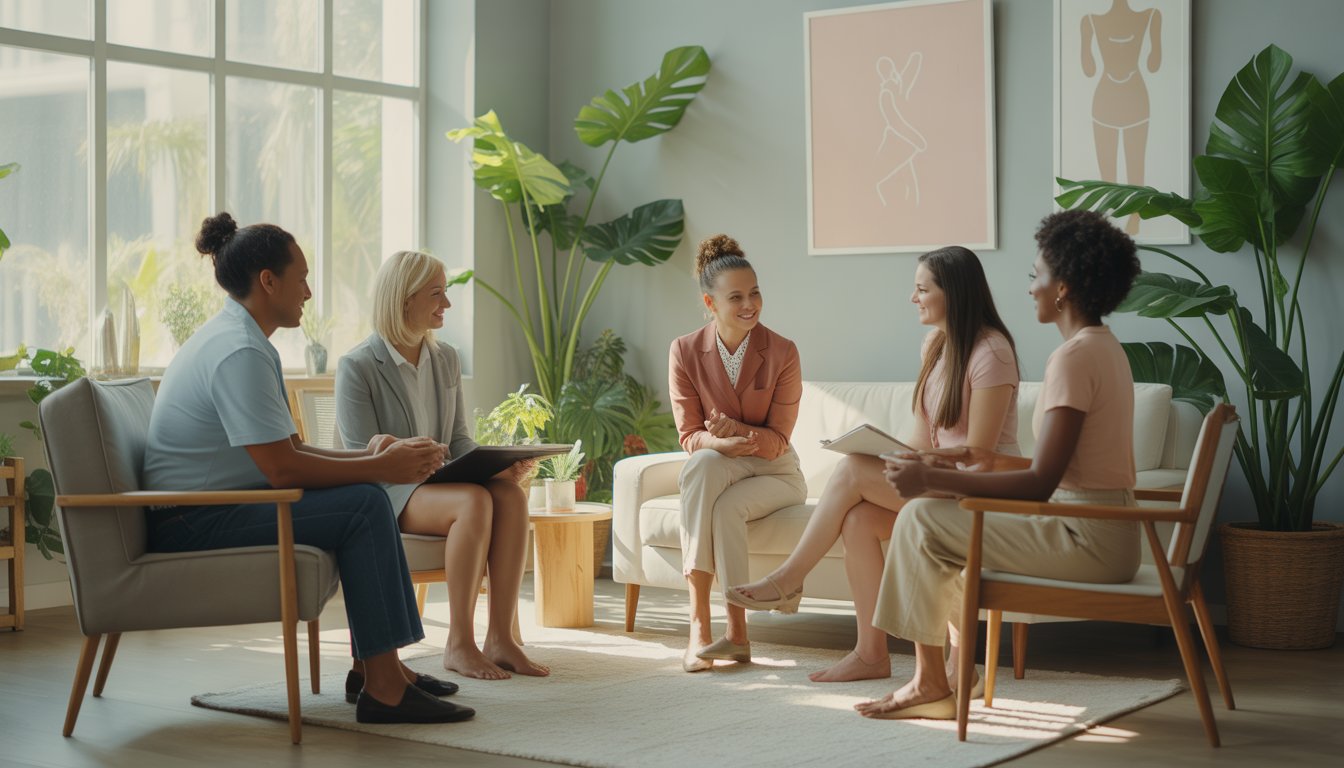 A group of therapists and clients in a bright, comfortable counseling office engaged in a supportive conversation.