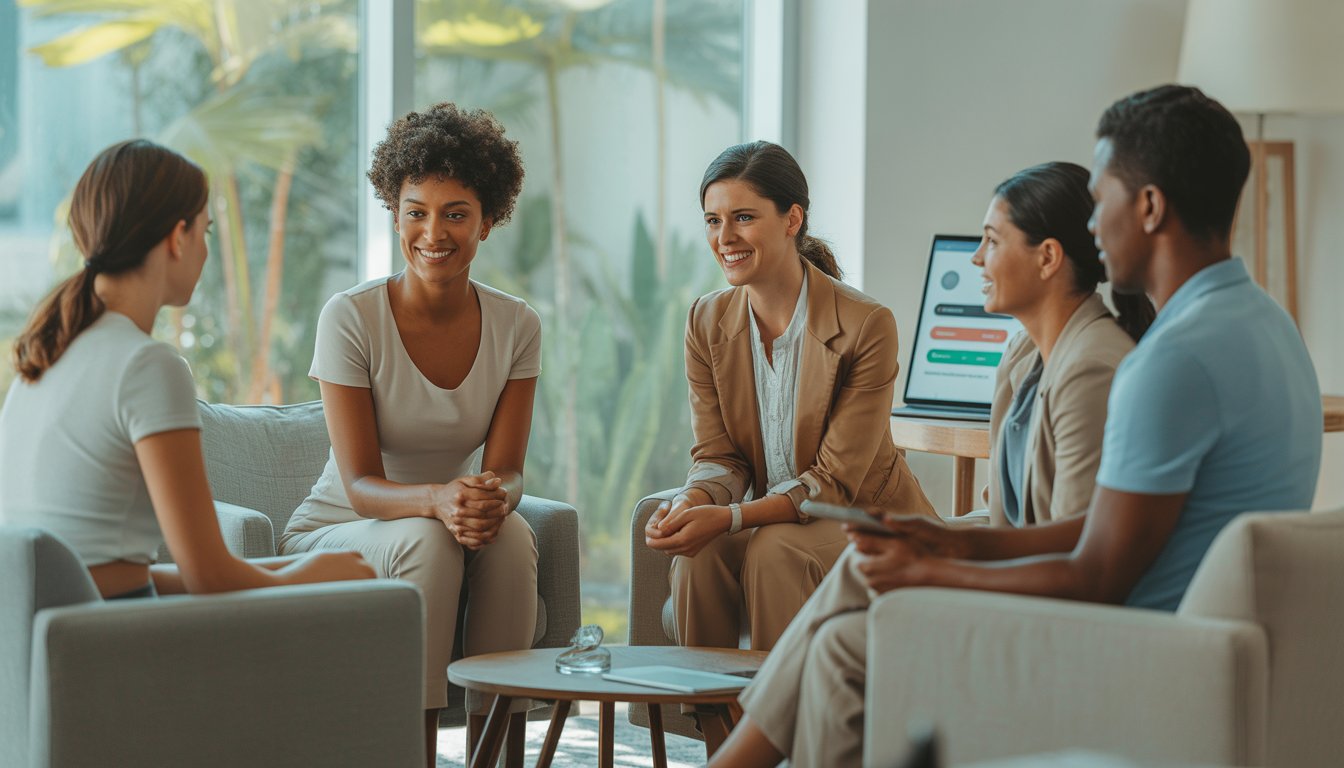 A group of diverse therapists meeting in a bright, comfortable office with large windows and tropical plants outside, engaged in a supportive conversation.