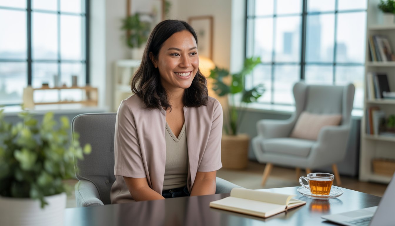 A female therapist sitting in a bright, cozy office with plants and bookshelves, looking warm and approachable.
