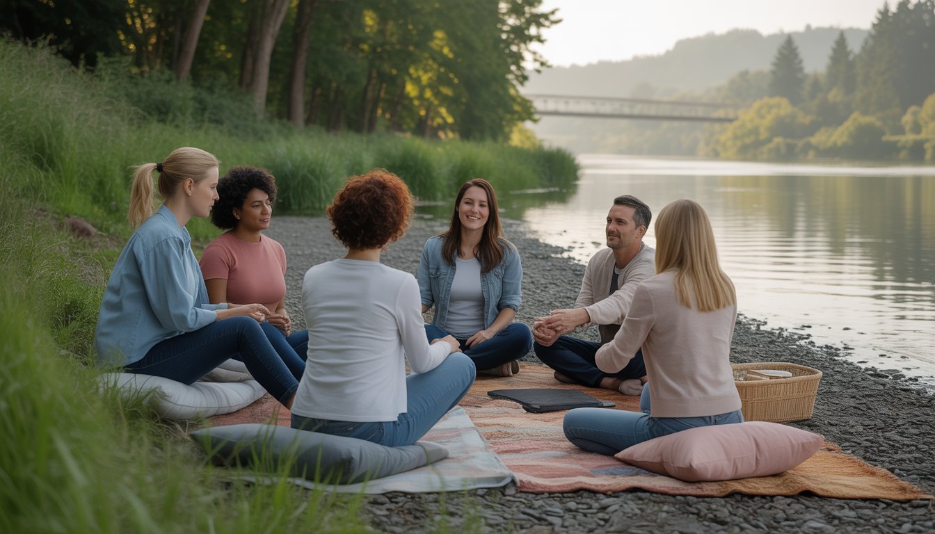 A group of adults sitting on blankets by a riverbank in Seattle, engaged in a supportive therapy session outdoors.
