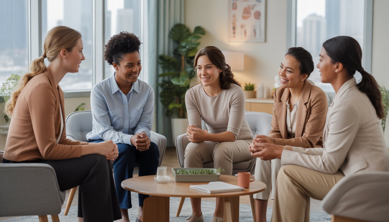 A group of therapists and a client having a supportive conversation in a bright, comfortable therapy office with city views.