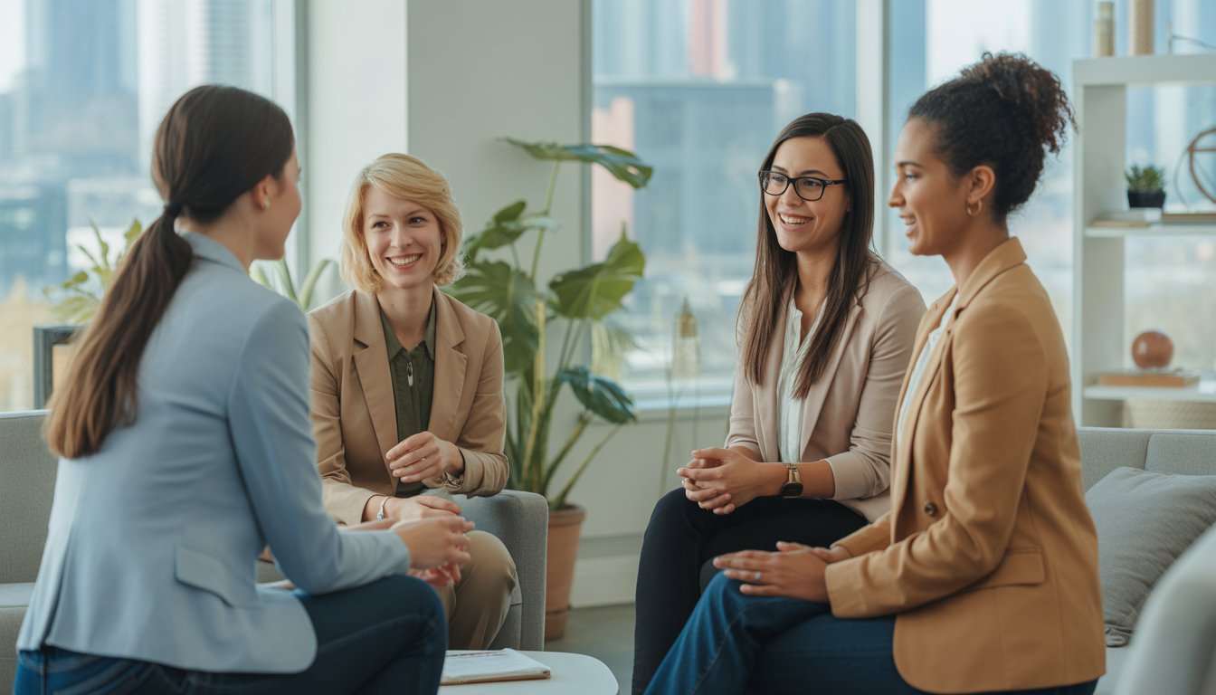 A group of therapists smiling and talking together in a bright, modern office with large windows showing a city view.