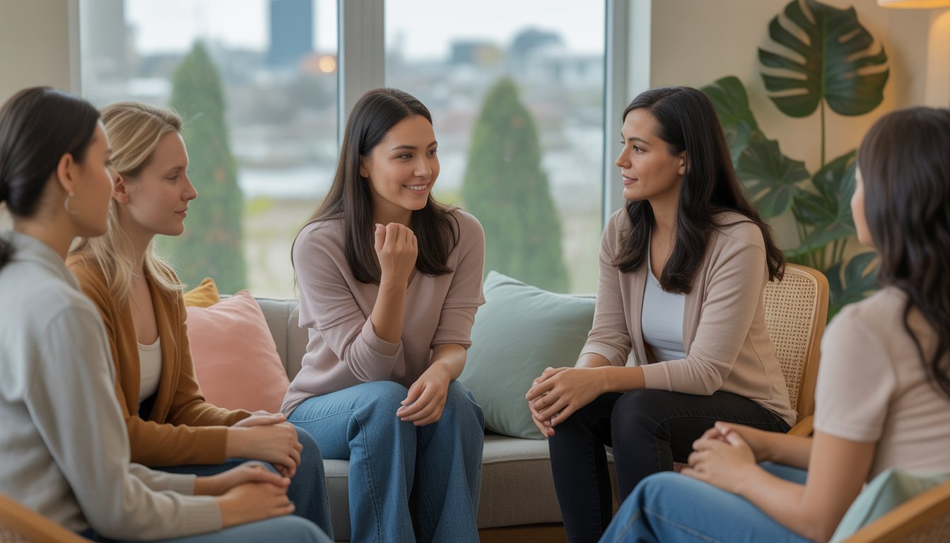 A woman speaking with a female therapist in a cozy therapy room with natural light and plants, both appearing calm and supportive.