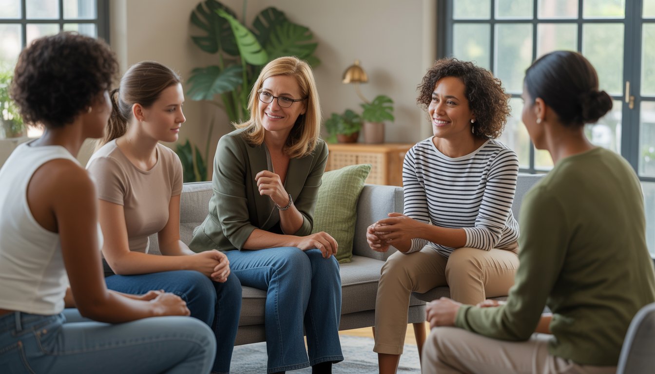 A therapist attentively talking with a young adult client in a bright, comfortable counseling office with natural light and plants.
