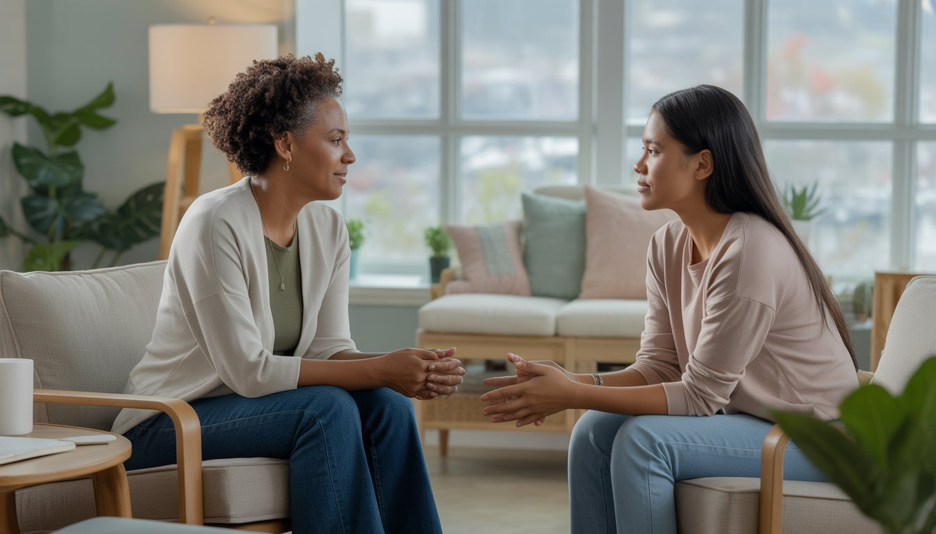 A therapist and client having a supportive conversation in a bright, modern therapy office with large windows and plants.