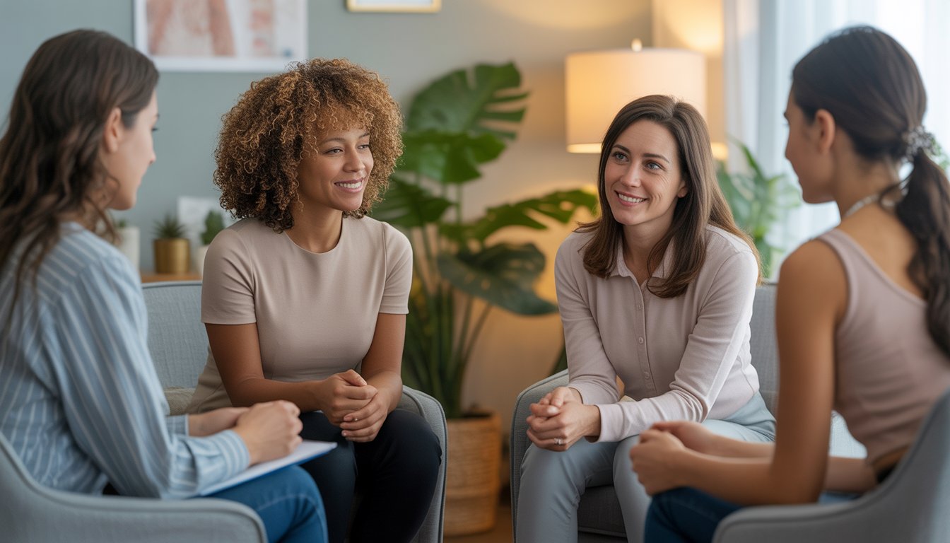 A therapist and a woman having a supportive therapy session in a bright, comfortable room.