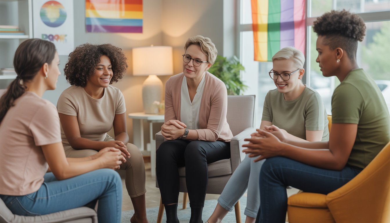 A diverse group of people in a bright, comfortable therapy office engaged in a supportive counseling session.