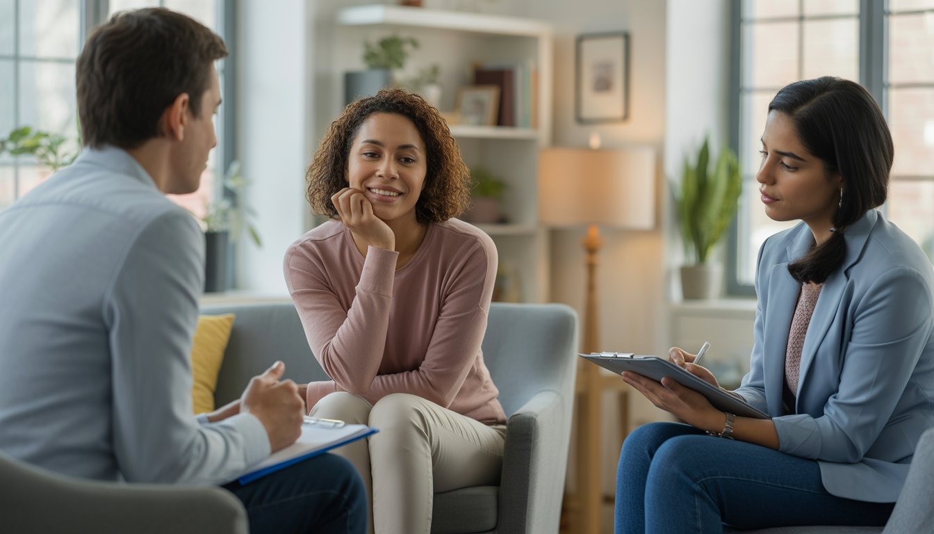 A therapist and client having a calm and supportive conversation in a bright, modern therapy office.