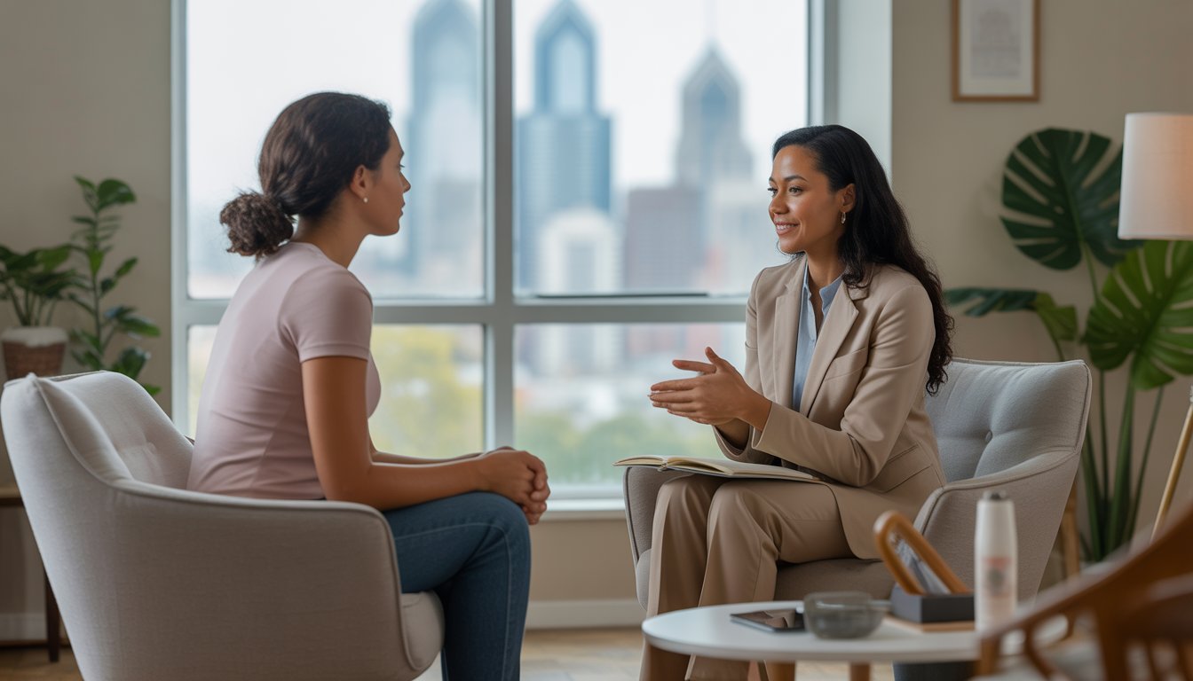 A therapist and a young adult client talking in a bright, comfortable therapy office with a window showing a city view.