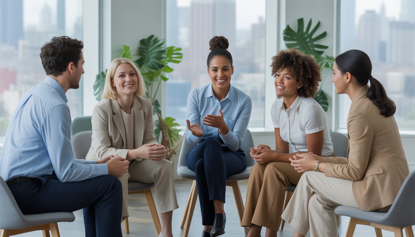 A diverse group of five therapists sitting in a bright office in Philadelphia, engaged in a supportive discussion.
