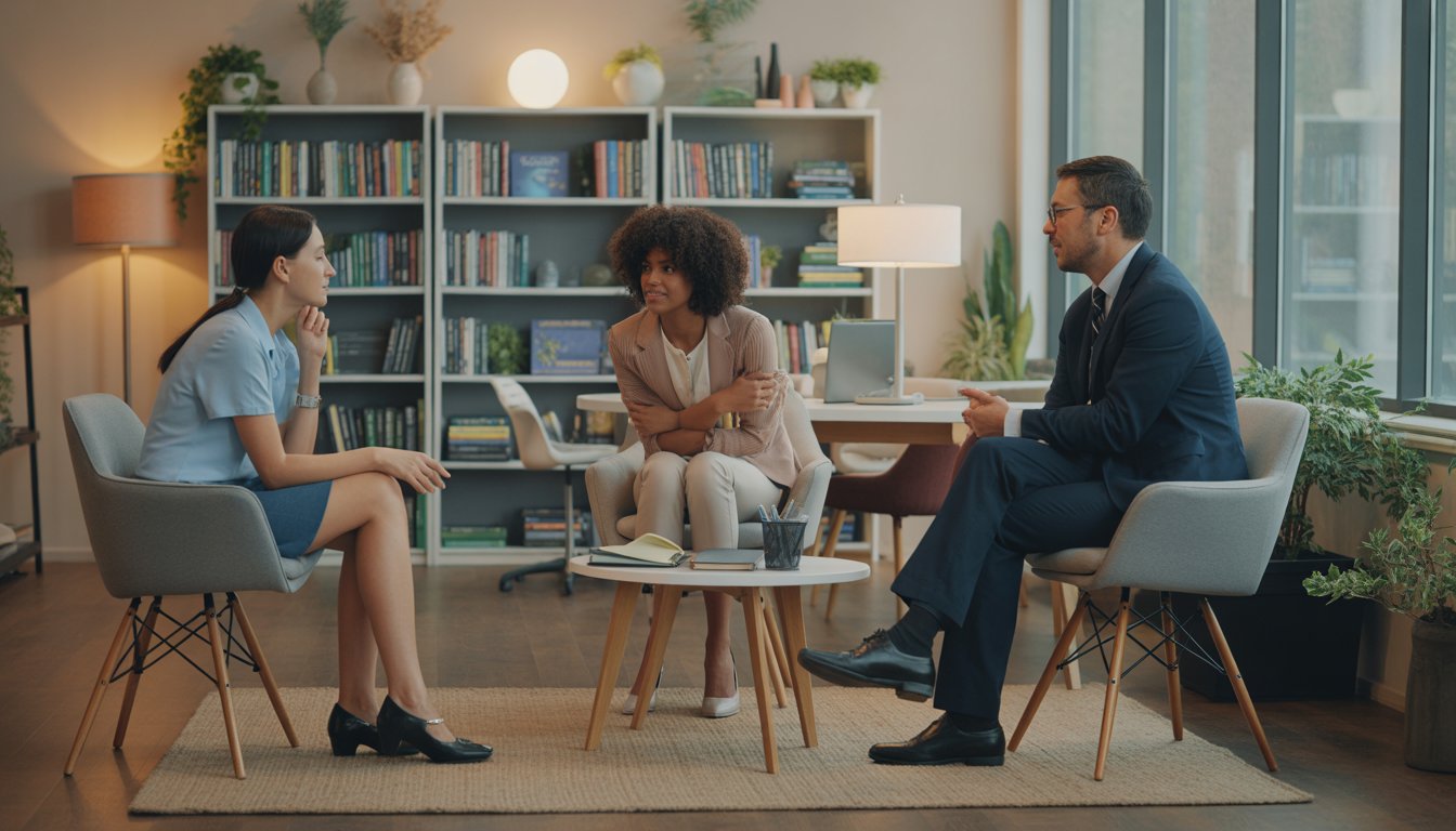 A group of therapists talking compassionately with a young adult client in a comfortable counseling office.