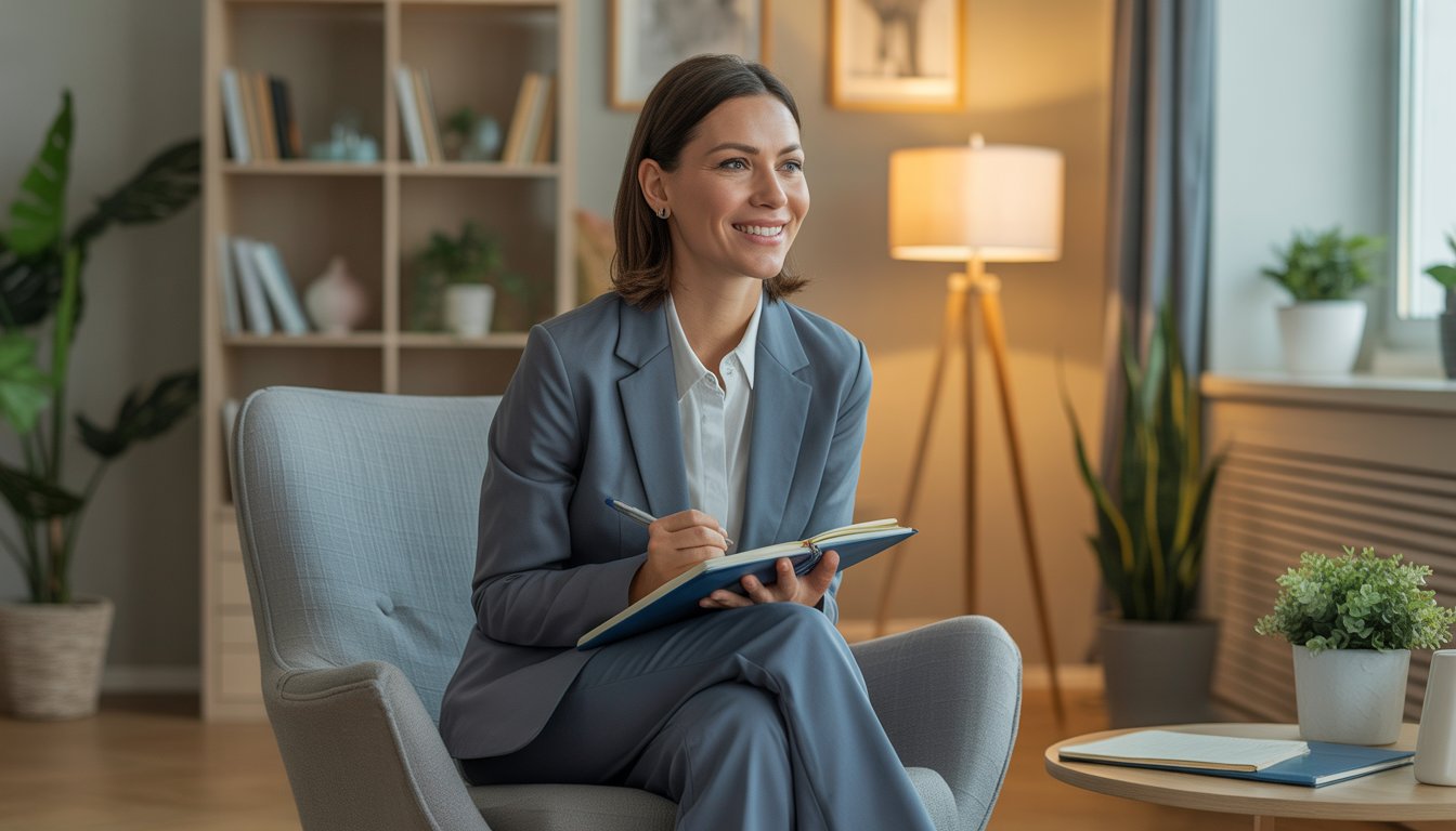 A female therapist sitting in a comfortable office, holding a notebook and pen, surrounded by books and plants.