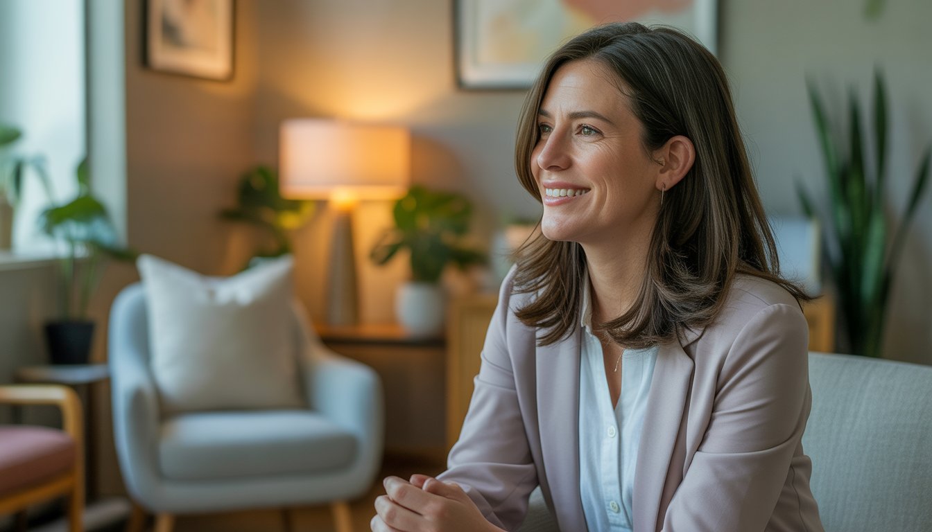 A female counselor sitting in a warm, inviting therapy office, smiling gently and listening attentively.