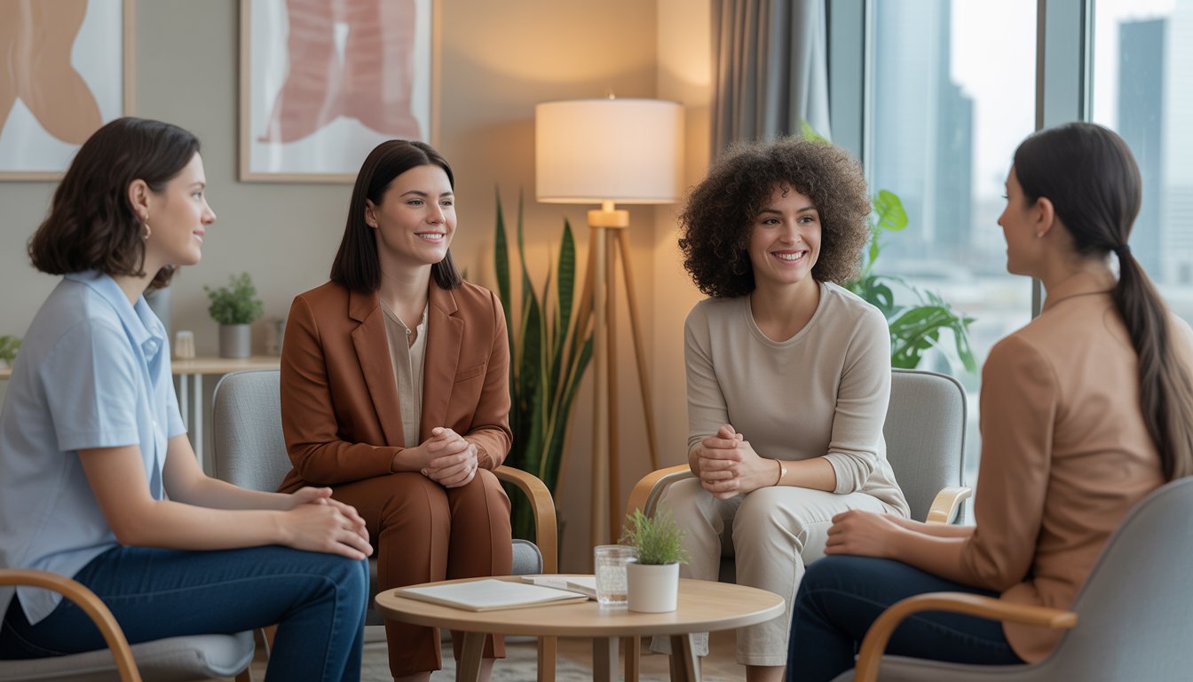 A group of therapists and a client in a comfortable therapy room, engaged in a supportive conversation.